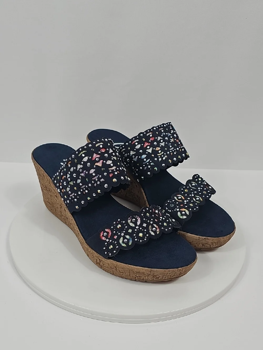 NIB Onex Oppal Beaded Cork Wedge Slides Rhinestone Laser Cut Navy Blue 9